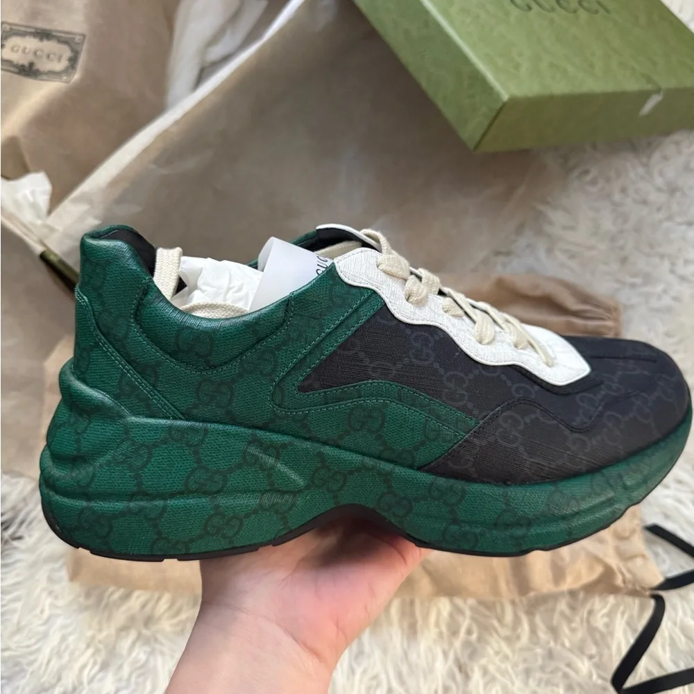 GUCCI MEN'S SHOES GREEN, BLACK & WHITE NYLON GG SUPREME RHYTON SNEAKERS - Picture 3 of 10